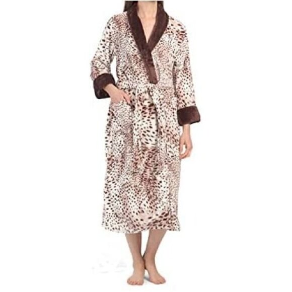New - NATORI Plush Snow Leopard Shawl Collar Robe Natural Women | Size S - Picture 3 of 11